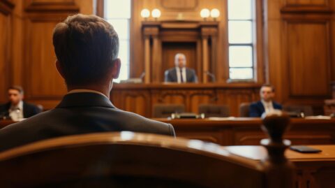 Defendant in an Ohio courtroom listening to the judge, illustrating the importance of legal representation in self-defense cases.