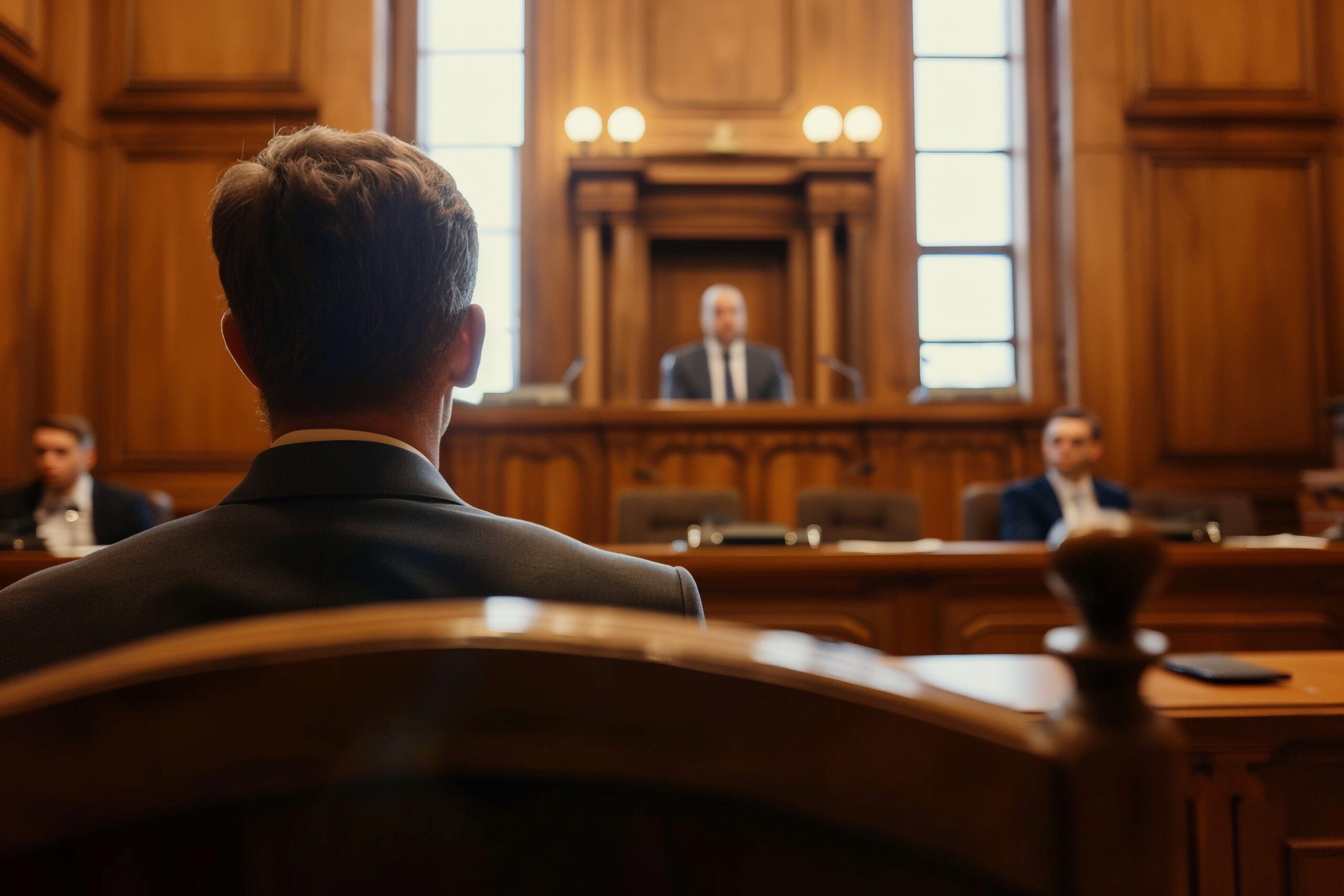 Defendant in an Ohio courtroom listening to the judge, illustrating the importance of legal representation in self-defense cases.