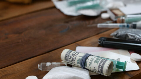 Evidence of Cincinnati drug charges including cash, syringes, and narcotics on a wooden table