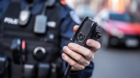 policeman holding body cam